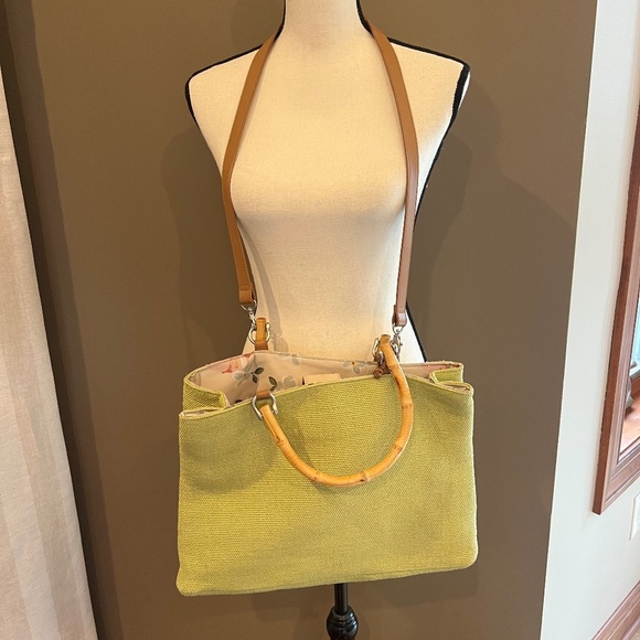 Fossil Bamboo Wooden Handle Woven Satchel Crossbody Lime Green Purse - Picture 2 of 11
